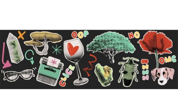 Retro Tech and Animal Collage in Halftone